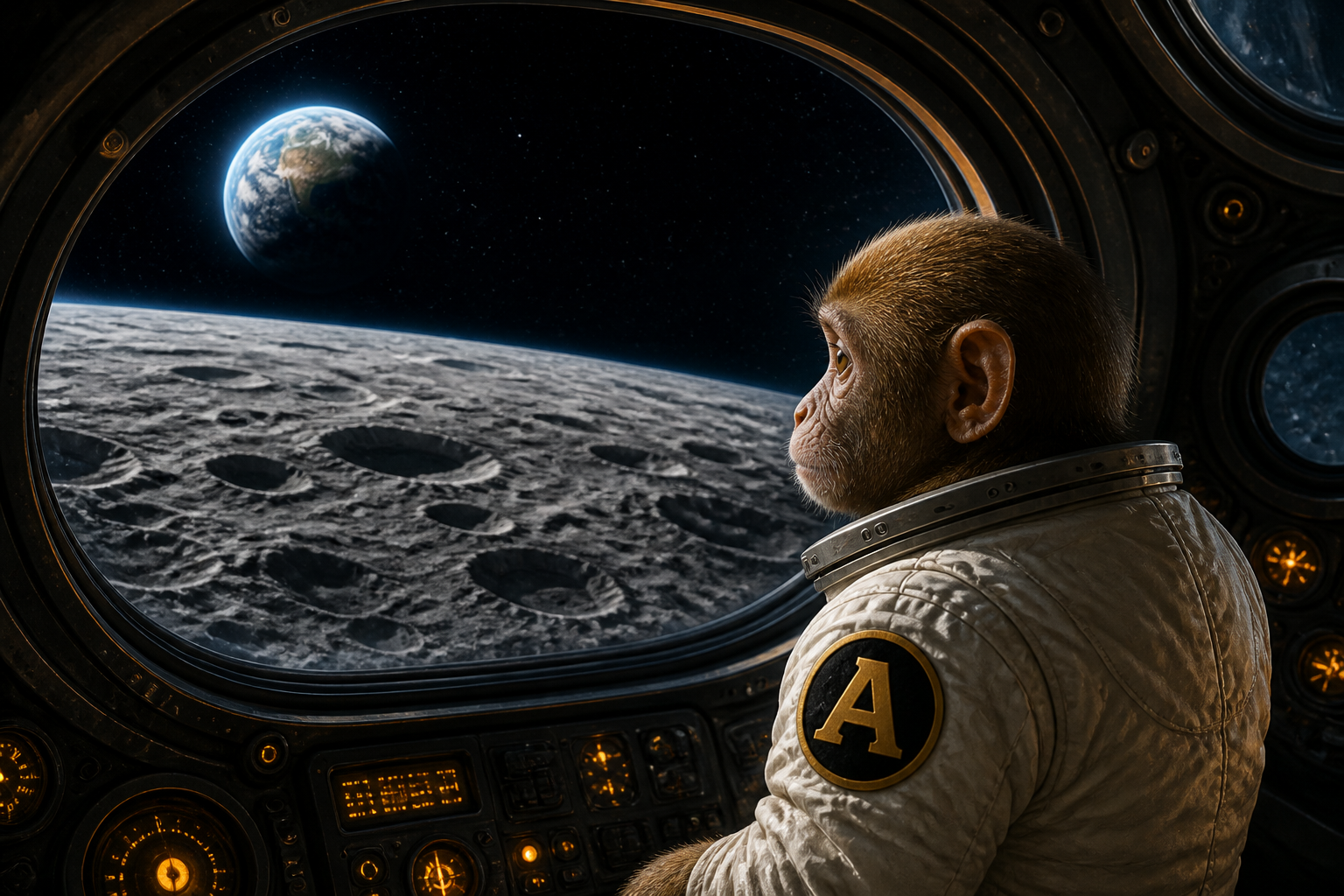APE-1 astronaut looking over the moon from orbit