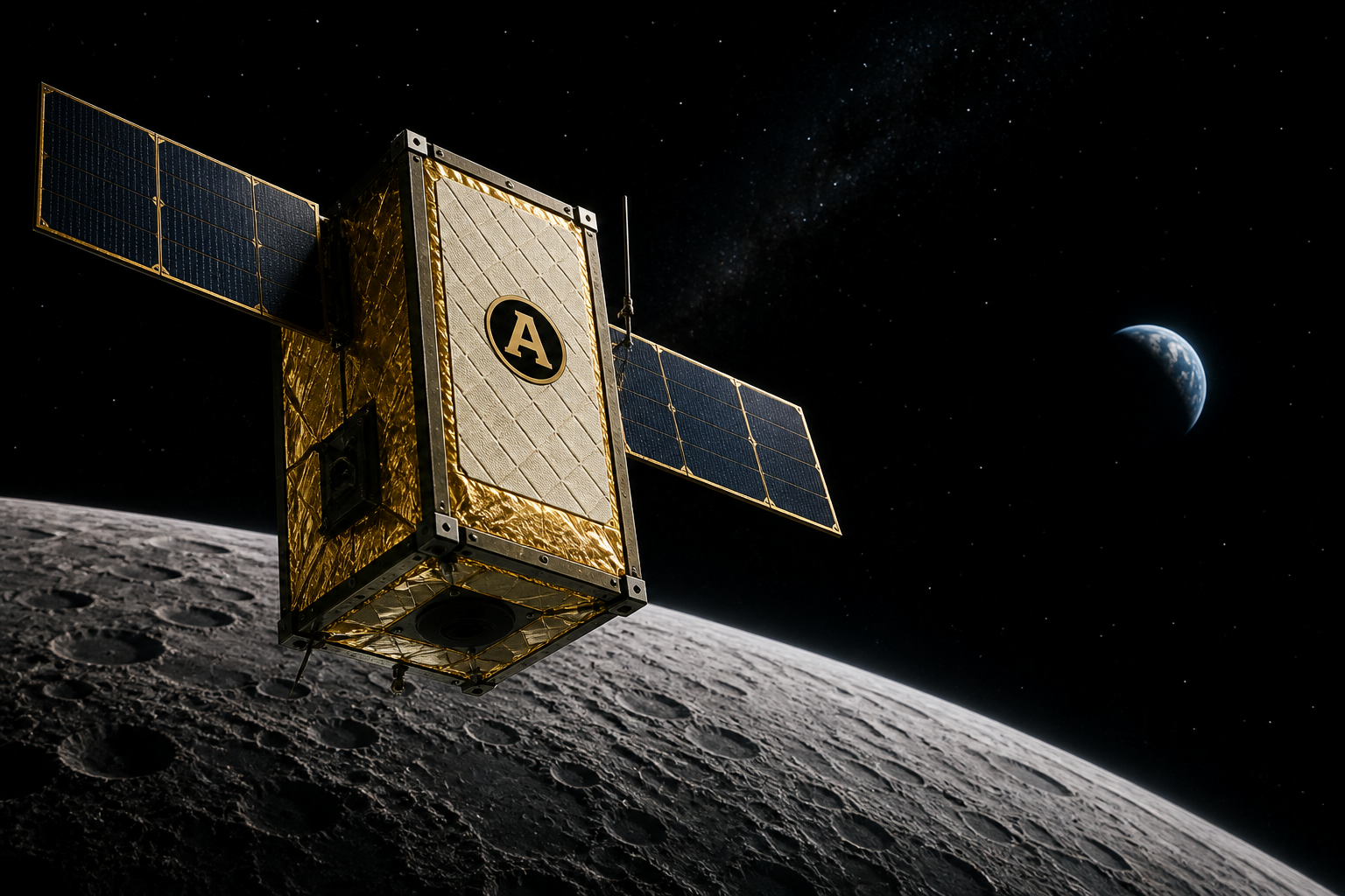 APE-1 gold-foil CubeSat flying above the lunar surface